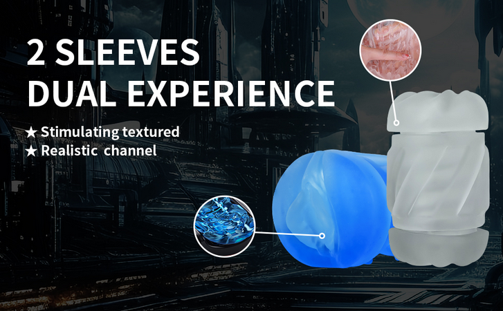 Product packaging with blue and white elements on a dark background, featuring text about '2 Sleeves Dual Experience'.