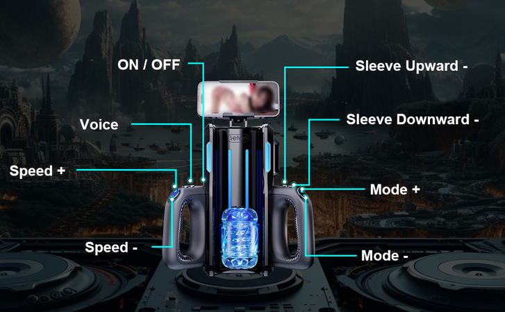 Control panel with various functions labeled against a dark, futuristic landscape.