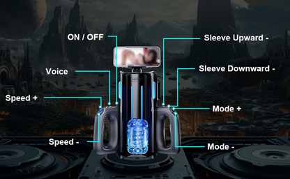 Control panel with various functions labeled against a dark, futuristic landscape.