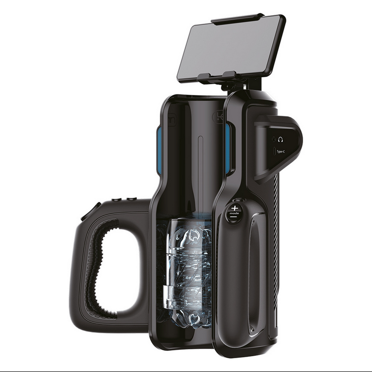 Black handheld device with a phone in holder and handles on a white background