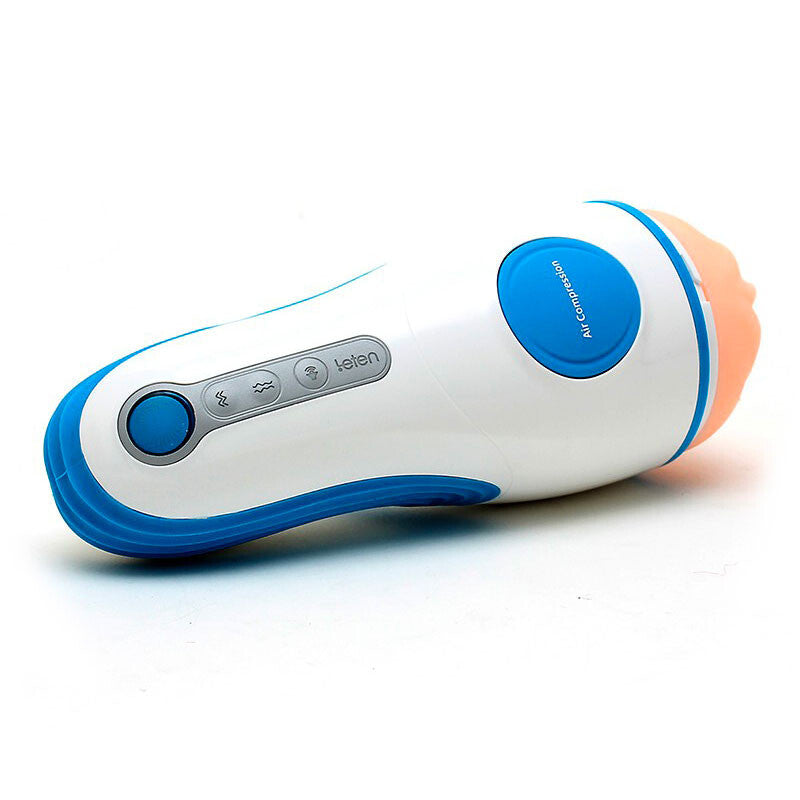 White and blue electronic masturbator with buttons on a white background