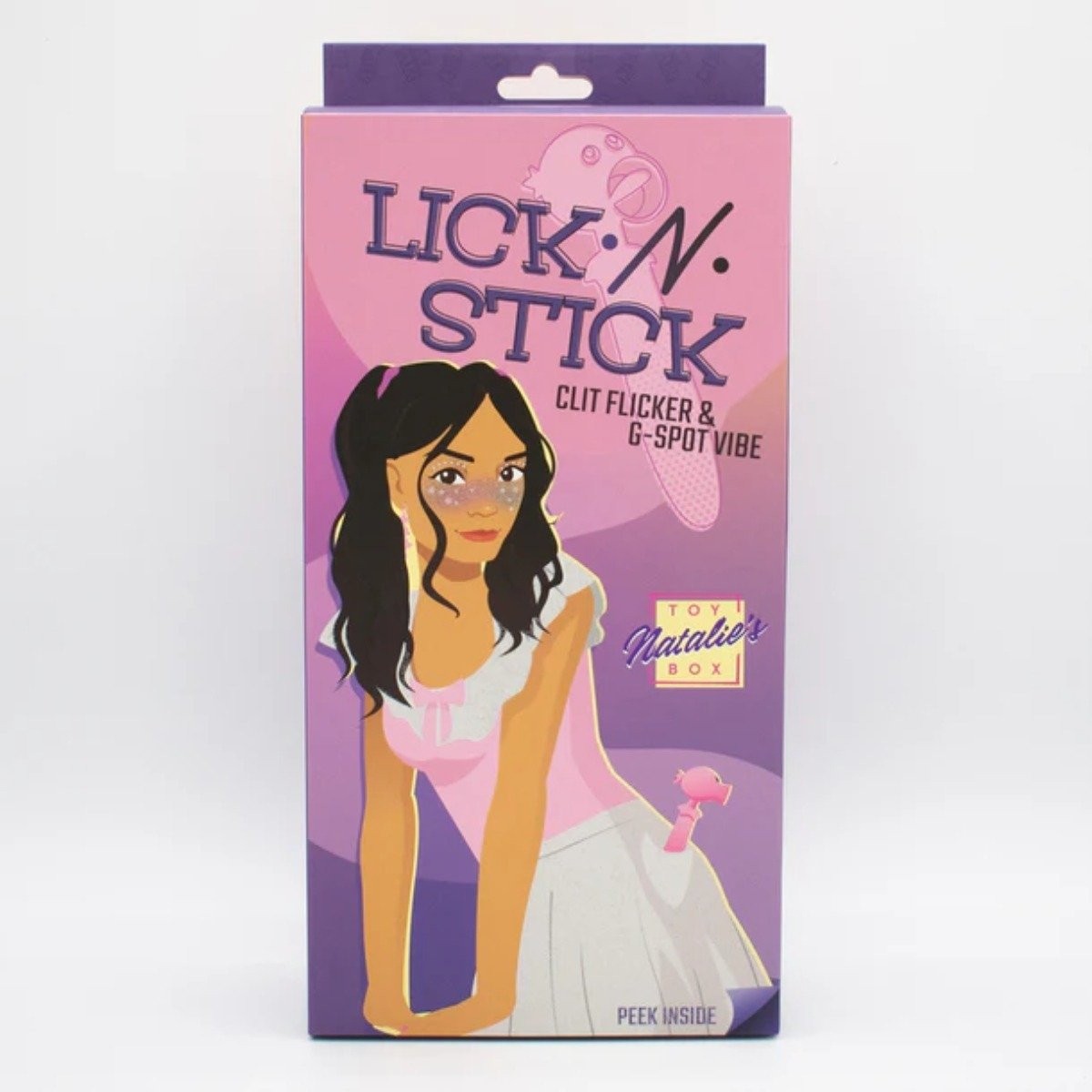 Product packaging for 'Lick N Stick' with an illustration of a woman on a pink and purple background.