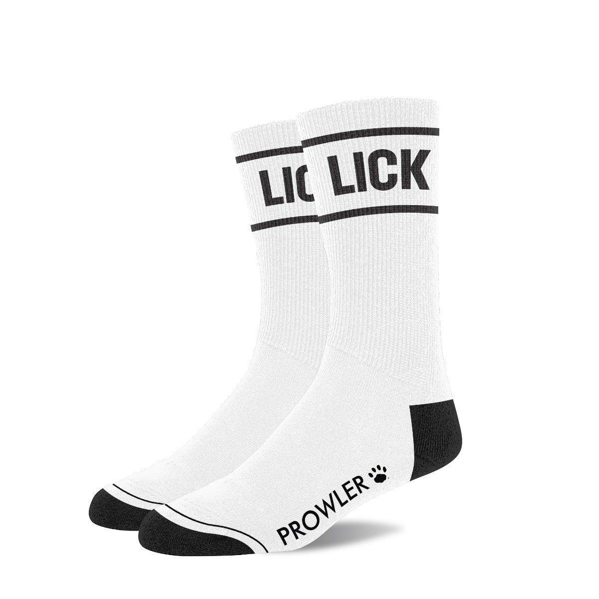 White socks with 'Lick' and 'Prowler' text on a white background