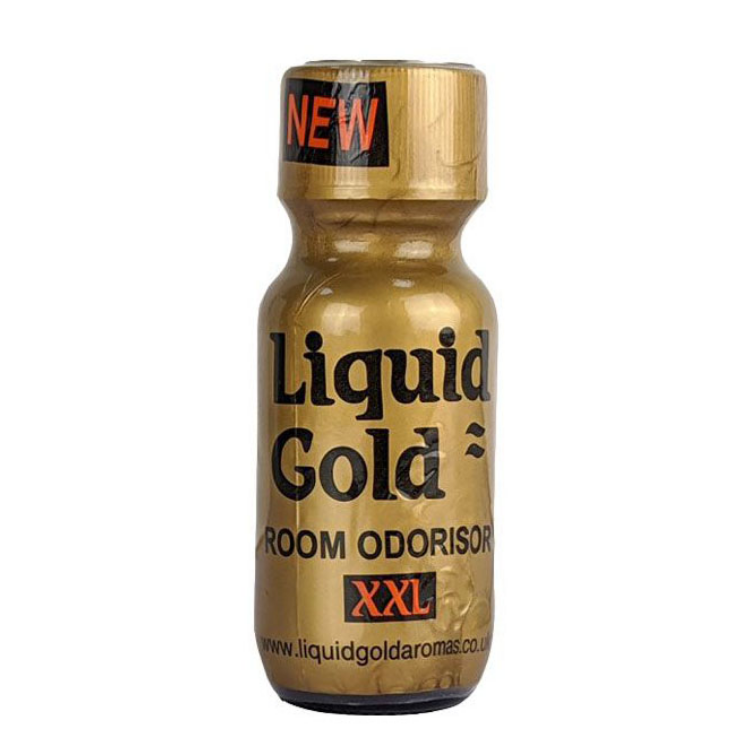Gold bottle of Liquid Gold XXL room odorizer with 'NEW' label on a white background