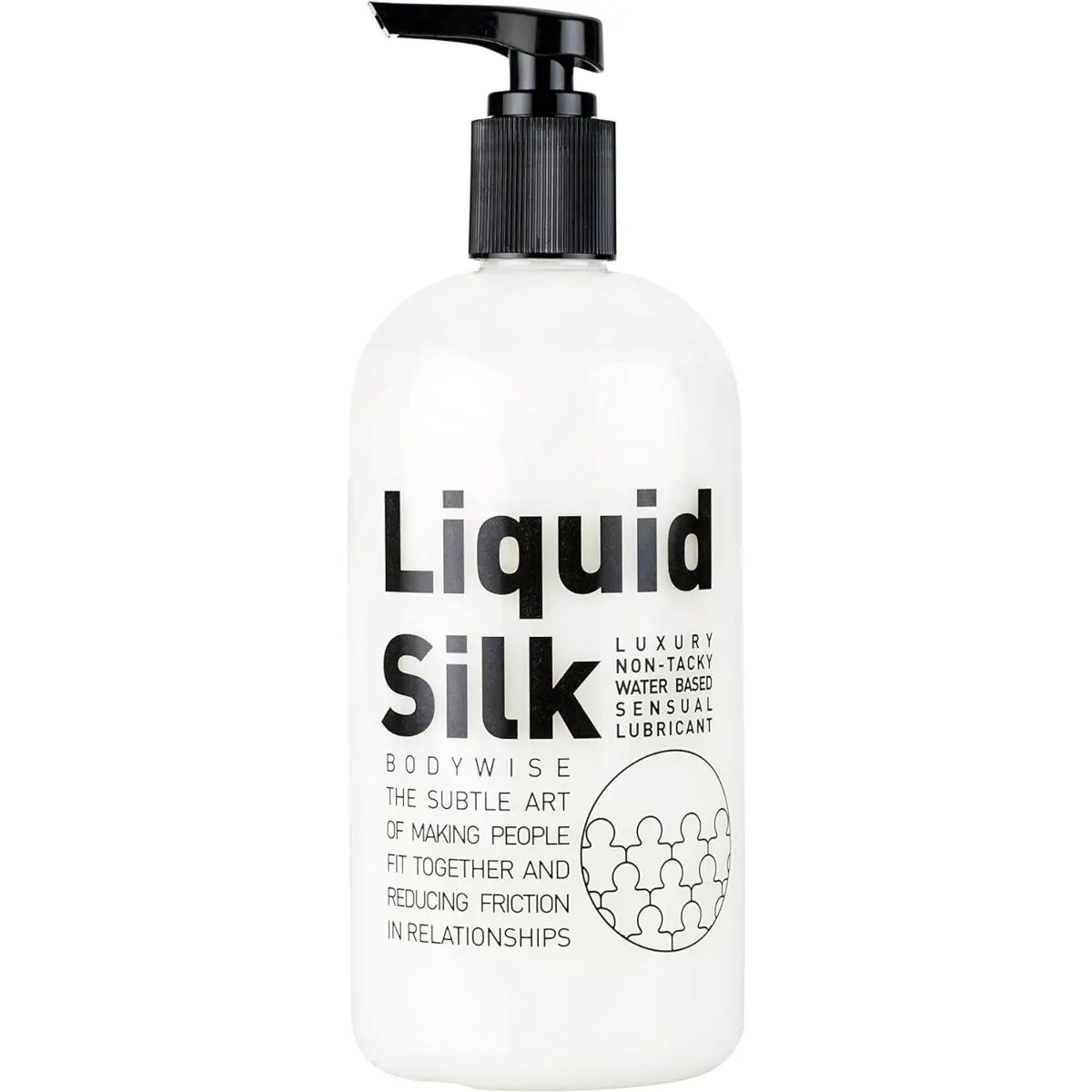 White bottle of Liquid Silk lubricant with pump on a white background