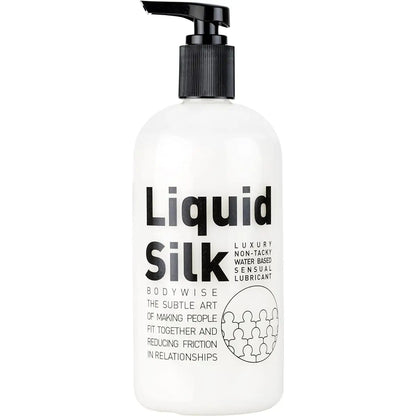 White bottle of Liquid Silk lubricant with pump on a white background