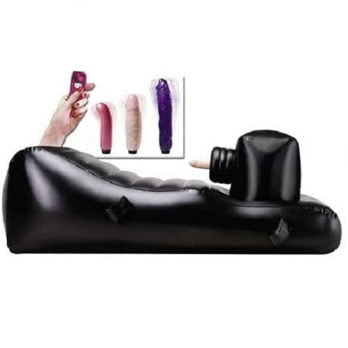 Inflatable black lounge chair with remote control and small images of purple and pink objects on a white background.