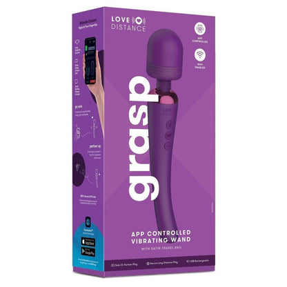 Purple packaging of a 'grasp' app-controlled vibrating wand with smartphone illustration on a white background