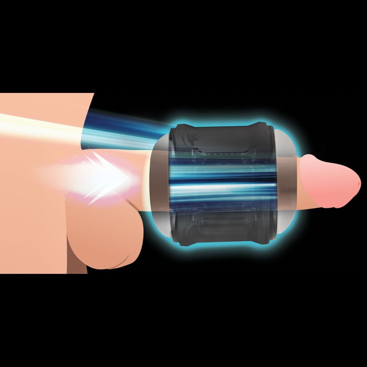 Illustration of apenis with a black masturbator emitting light on a black background