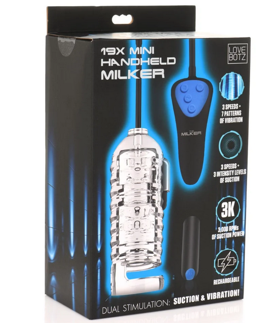 Package of 19X Mini Handheld Milker with product and branding details on a white background