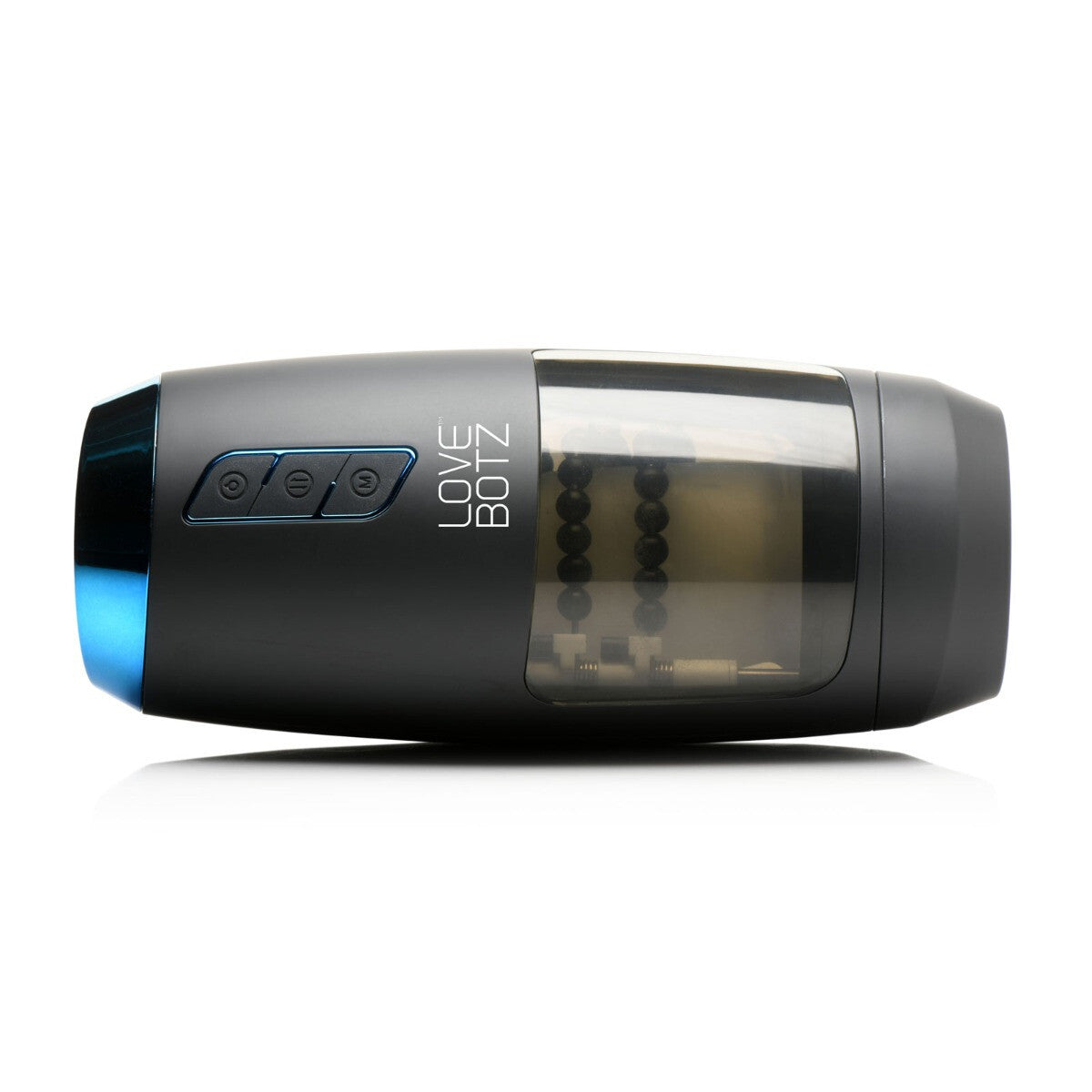 Black and blue cylindrical auto-stroker masturbator with 'LOVE BOTZ' branding on a white background