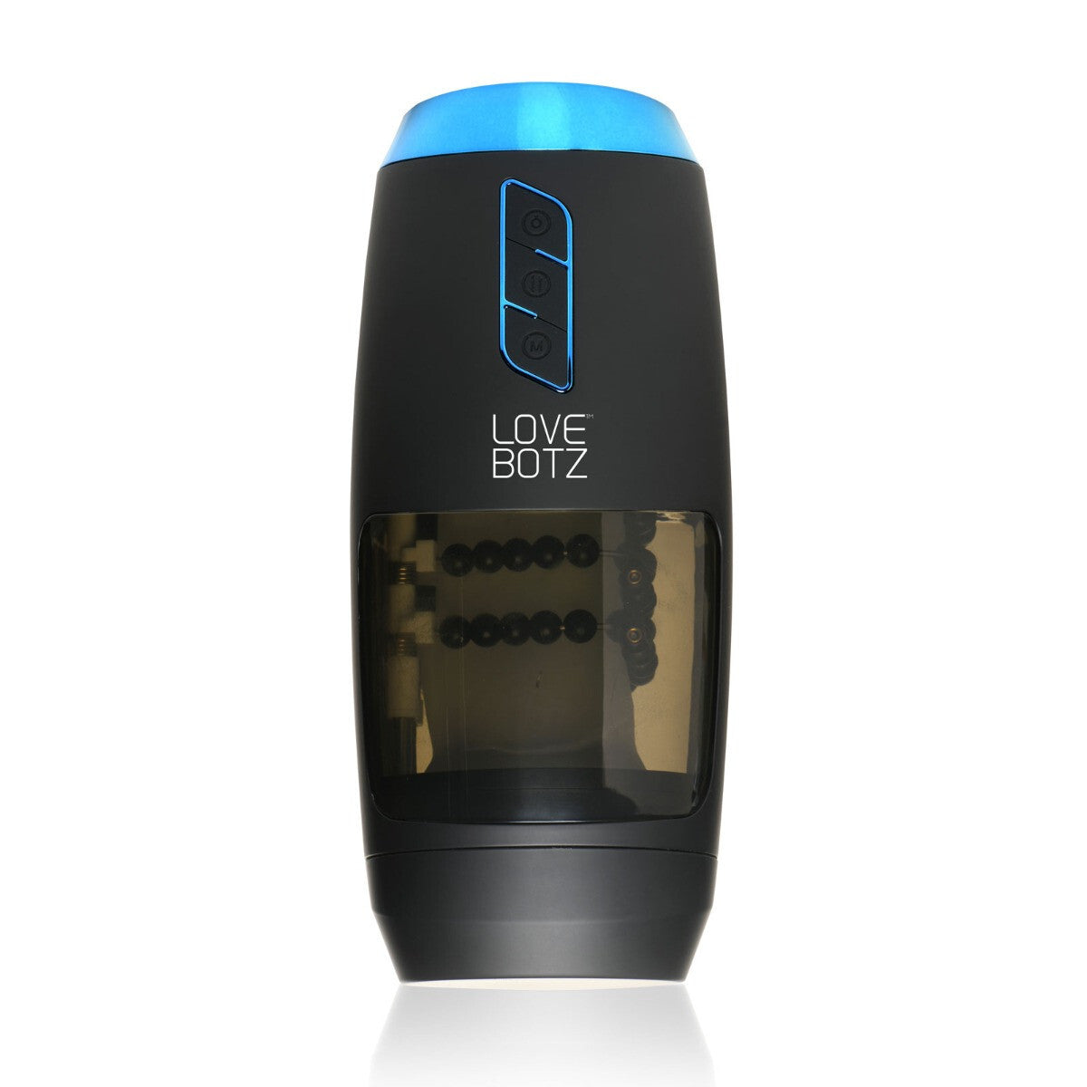 Black and blue cylindrical masturbator with 'LOVE BOTZ' branding on a white background