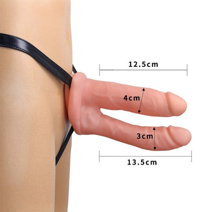 Measurement chart of a strap-on double dildo with dimensions labeled on a white background