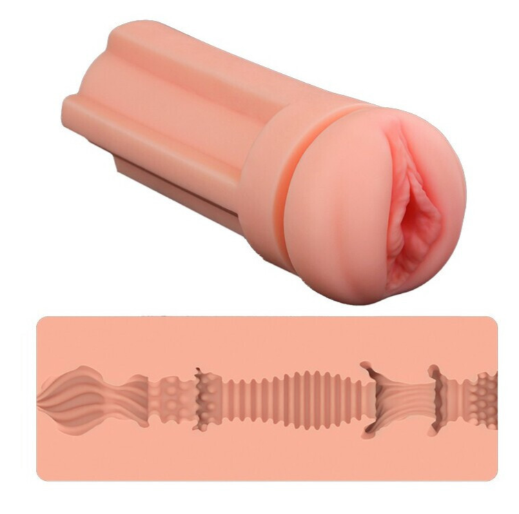 Pink silicone masturbator with textured design on a white background