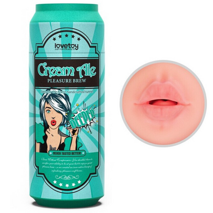 Canister labeled 'Cream Ale Pleasure Brew' with a close-up of a silicone product resembling a mouth.