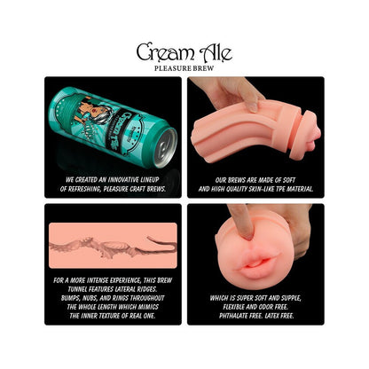 Promotional image of a product with text about 'Cream Ale Pleasure Brew' and its features.
