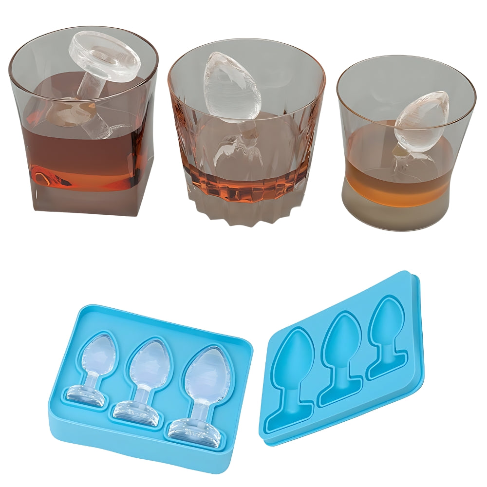 Blue ice cube tray with unique shaped ice cubes and glasses of liquid.