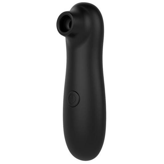 Black handheld clitoral sucker vibrator with a button on a white background
