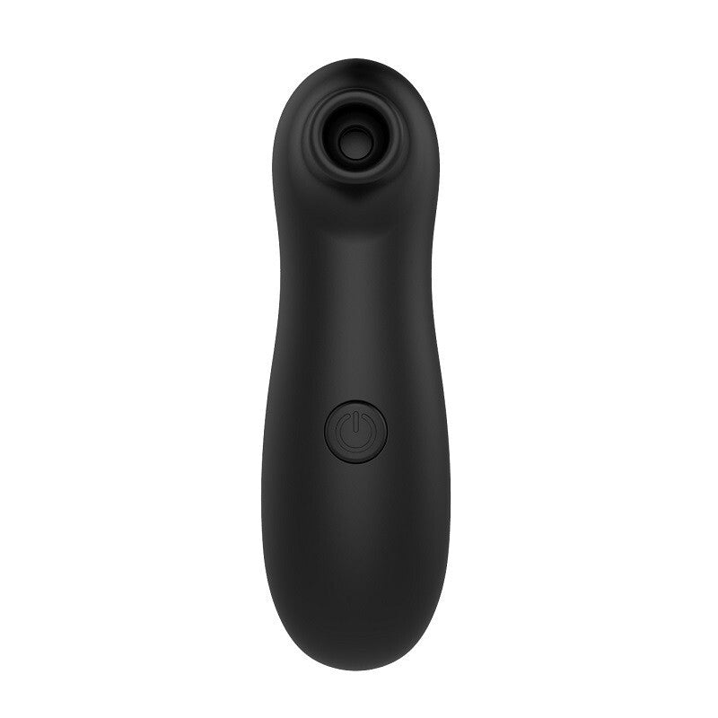 Black handheld device with power button on a white background