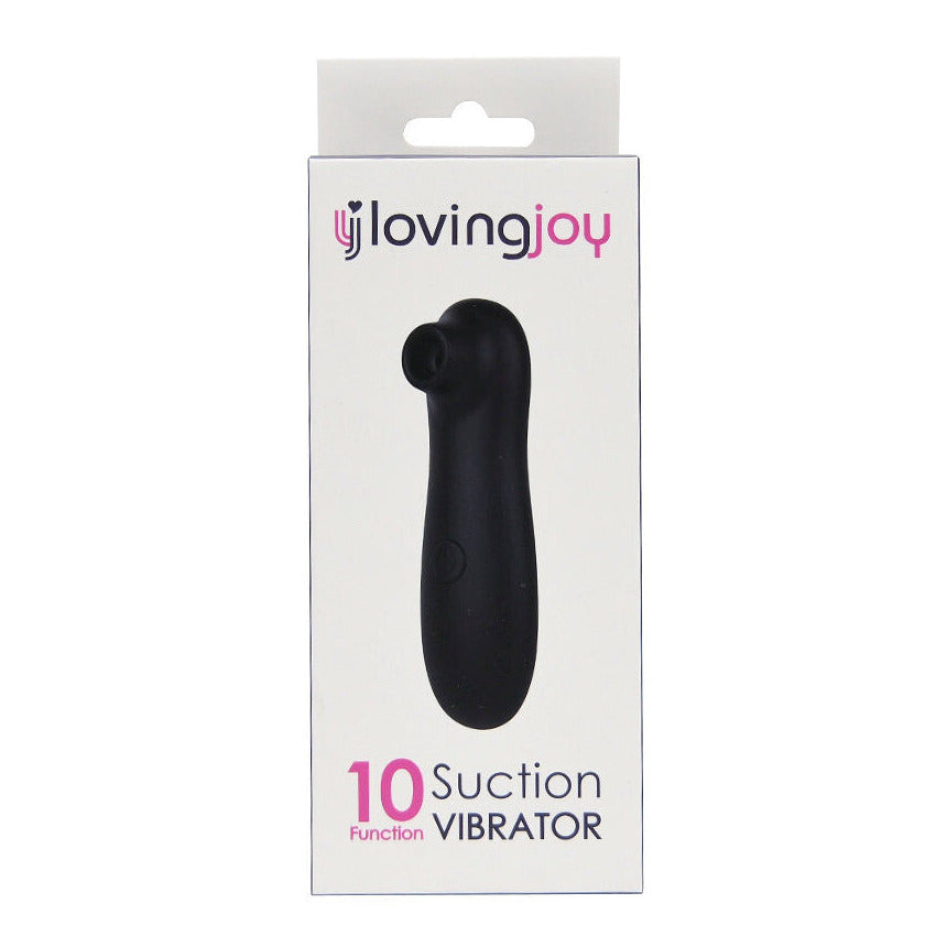 Black suction cup vibrator in packaging with 'lovingjoy' branding on a white background