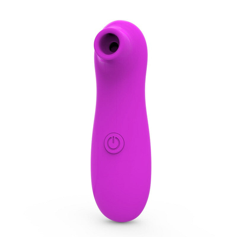Purple electronic clitoral massager with power button on a white background