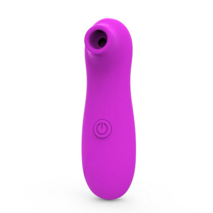 Purple electronic clitoral massager with power button on a white background