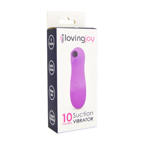 Purple suction vibrator packaging with 'loving joy' branding on a white background