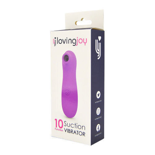 Purple suction vibrator packaging with 'loving joy' branding on a white background