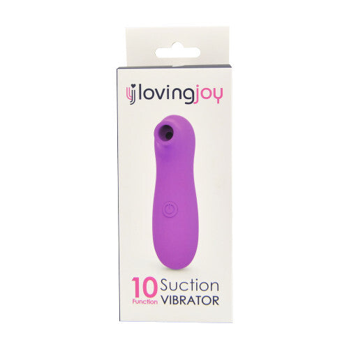 Purple suction vibrator packaging with 'loving joy' branding on a white background