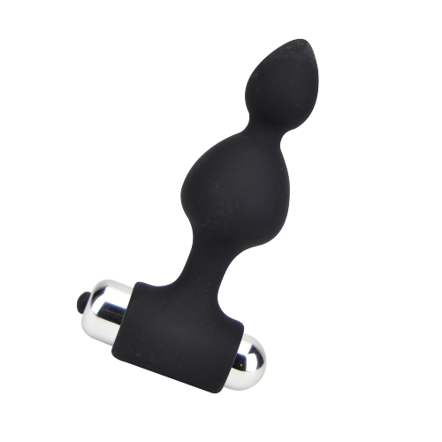 Black and silver silicone butt plug on a white background