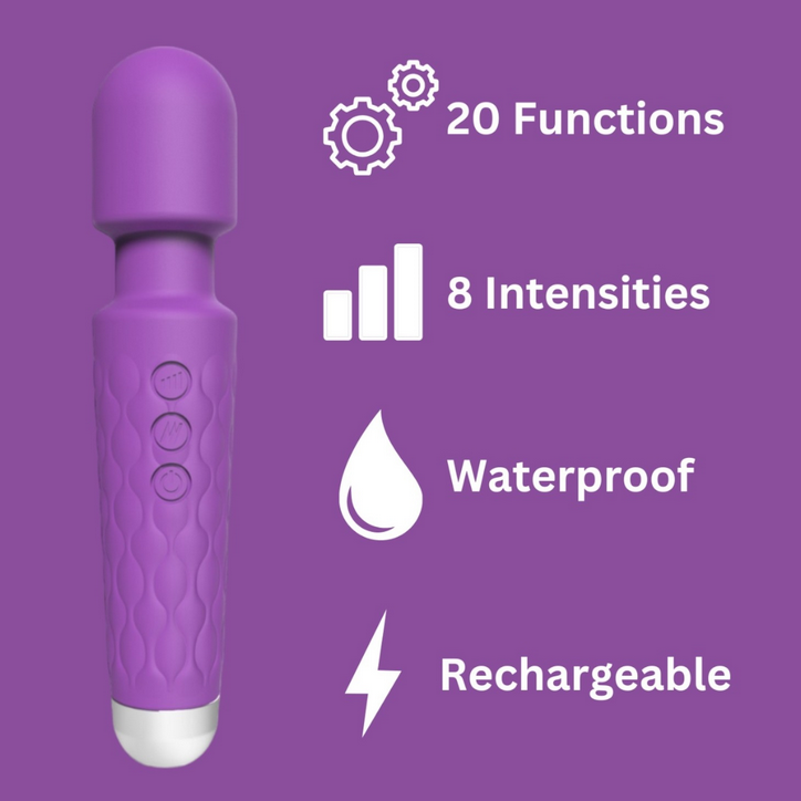 Purple electronic wand vibrator with features listed on a purple background