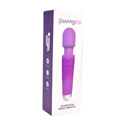Purple wand vibrator with packaging on a white background, featuring the brand 'lovingjoy'.