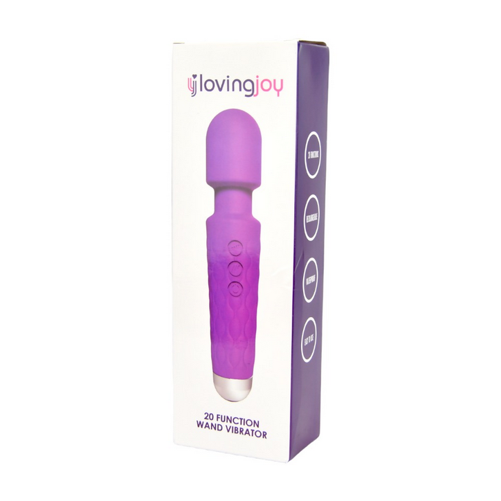 Purple wand vibrator with packaging on a white background, featuring the brand 'lovingjoy'.