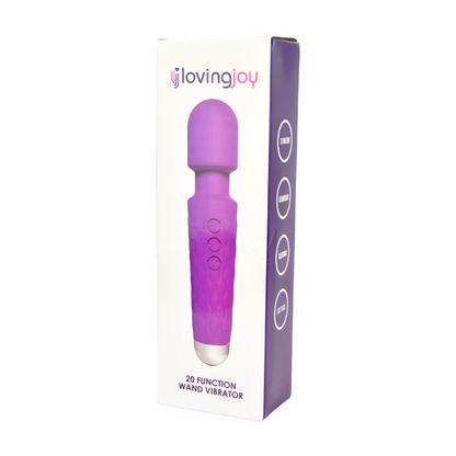 Purple wand vibrator with packaging on a white background, featuring the brand 'lovingjoy'.