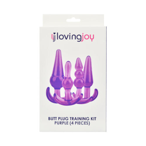 Purple butt plug training kit packaging with 'loving joy' branding on a white background