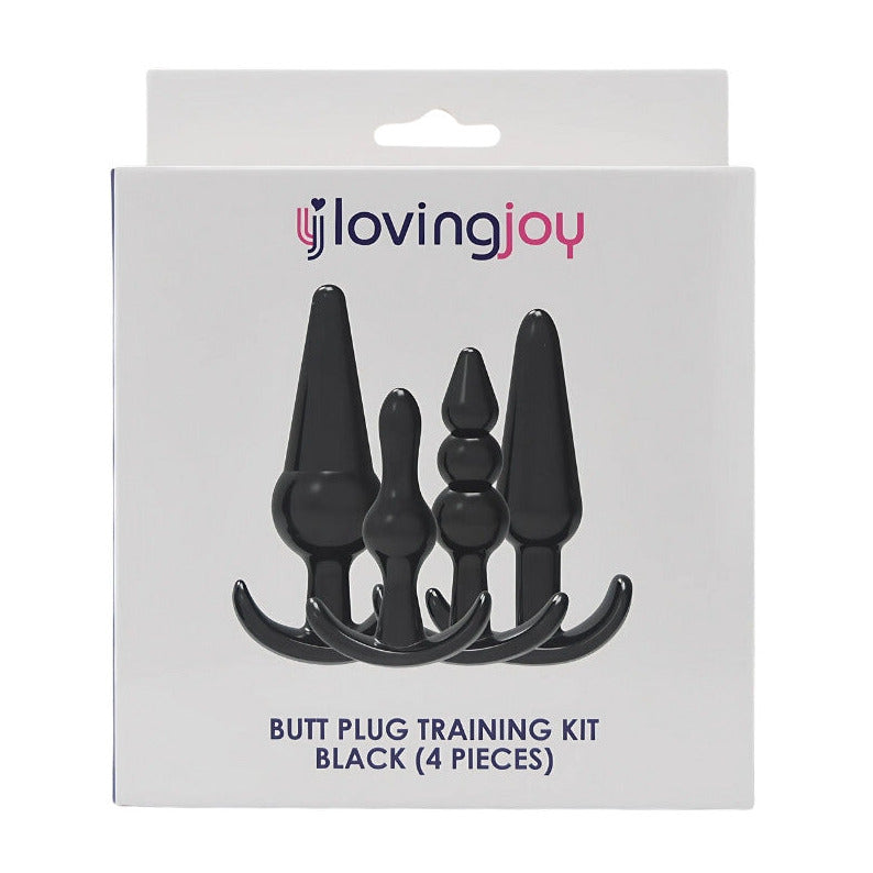 Packaging of a butt plug training kit with four black pieces on a white background, featuring the brand 'loving joy'.