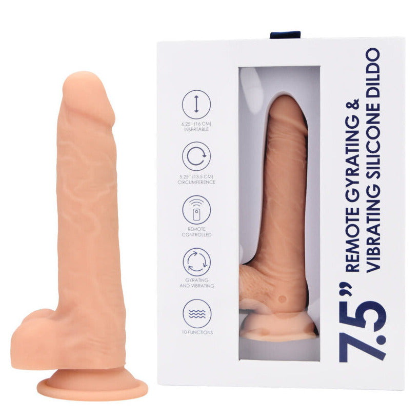 Silicone dildo with remote control and packaging on a white background