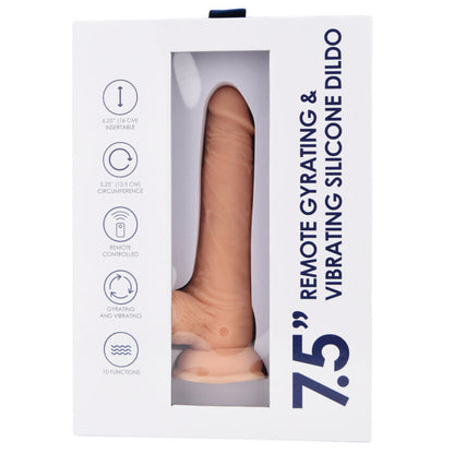 Silicone dildo packaging with remote control features on a white background