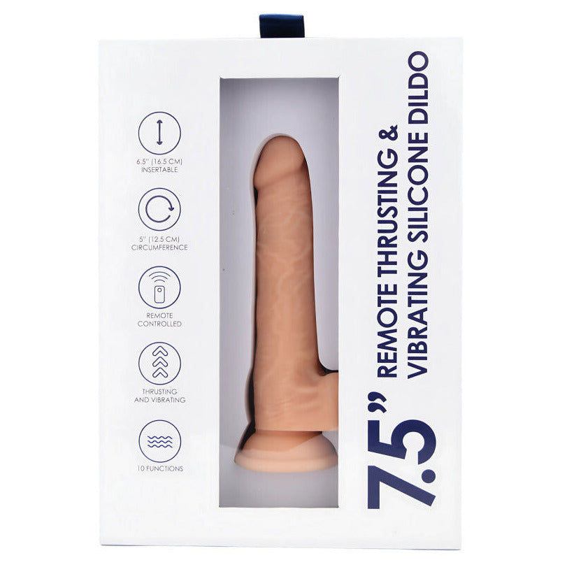 Silicone dildo in packaging with product details on a white background