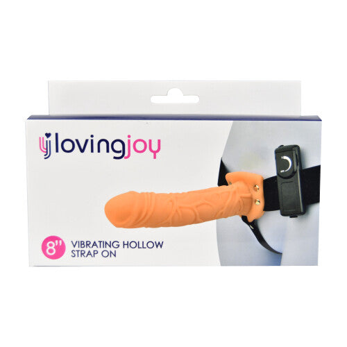Loving Joy 8 Inch Vibrating Hollow Strap On packaging on a white background