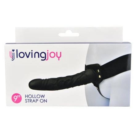 Loving Joy 9 Inch Hollow Pegging Strap-On Black Penis Extender on a white background