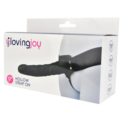 Loving Joy 9 Inch Hollow Pegging Strap-On Black Penis Extender on a white background