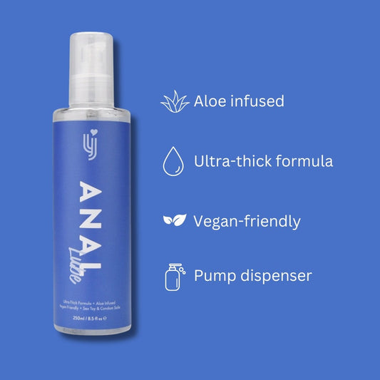 Blue aloe-infused anal lubricant bottle with pump dispenser on a blue background