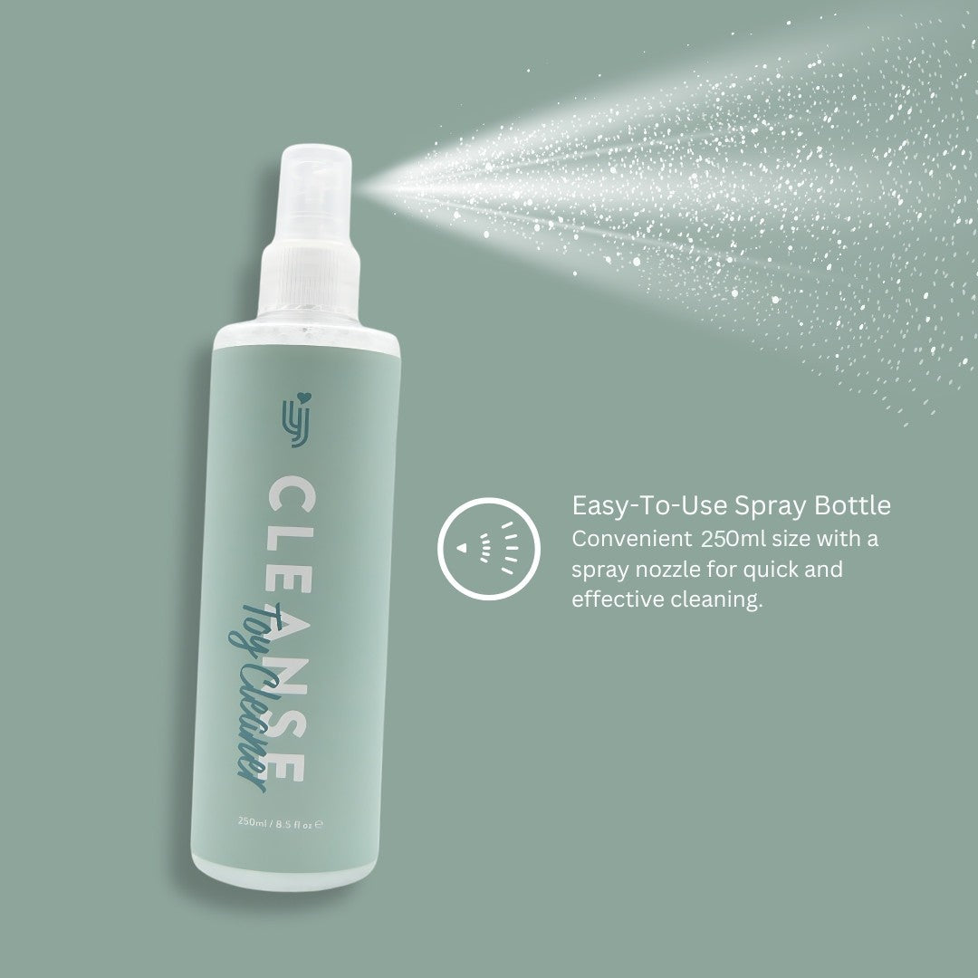 Spray bottle labeled 'CLEANSE' with a spritz of liquid on a gray background