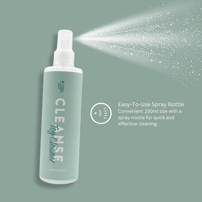 Spray bottle labeled 'CLEANSE' with a spritz of liquid on a gray background
