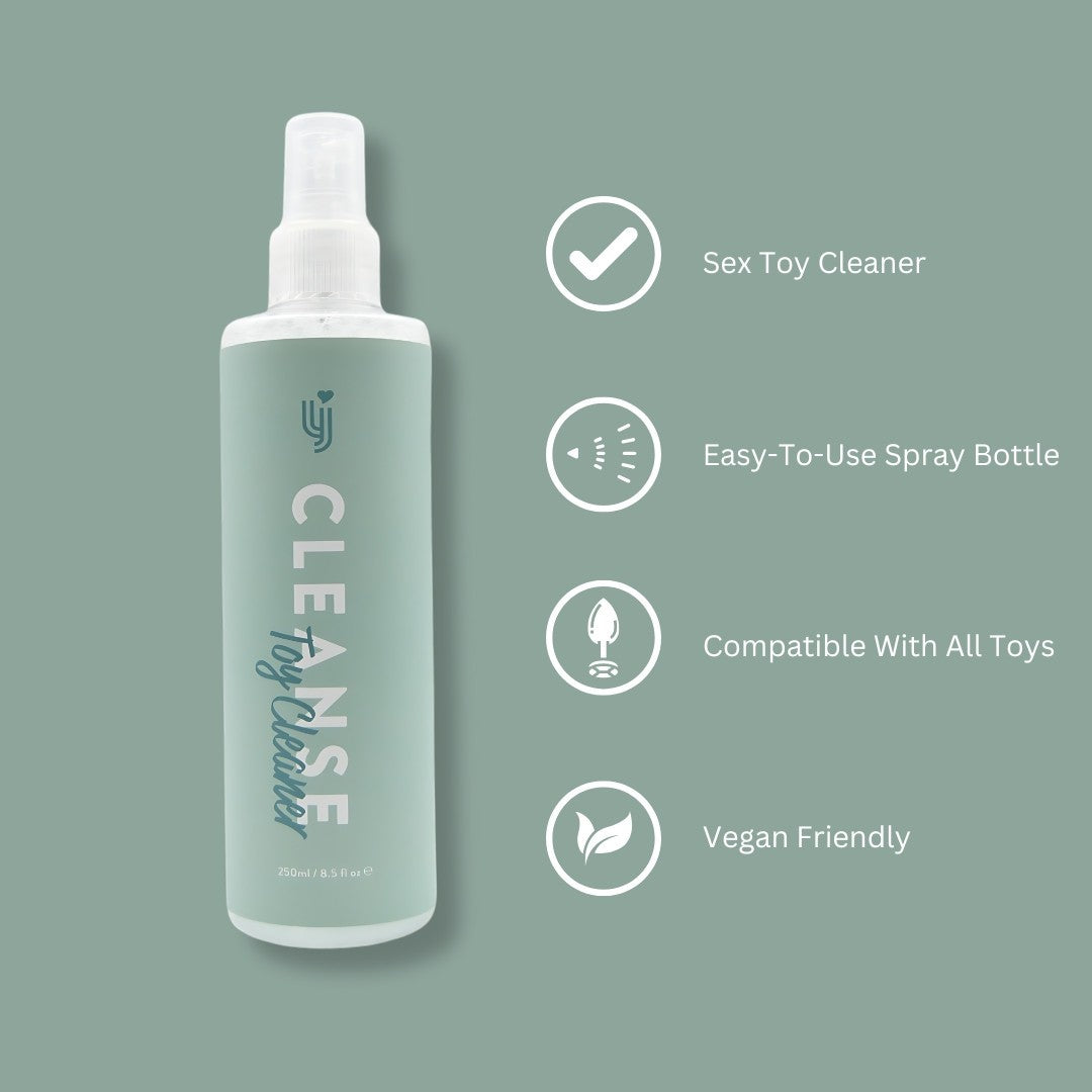 Sex toy cleaner bottle with features on a green background