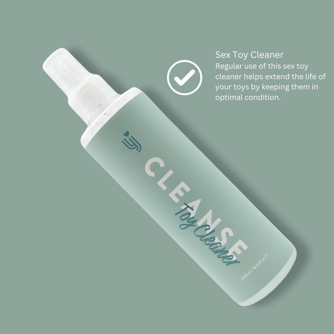 Sex toy cleaner bottle with text on a green background
