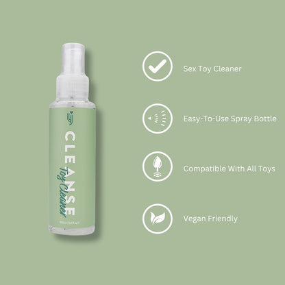 Sex toy cleaner spray bottle with features on a green background