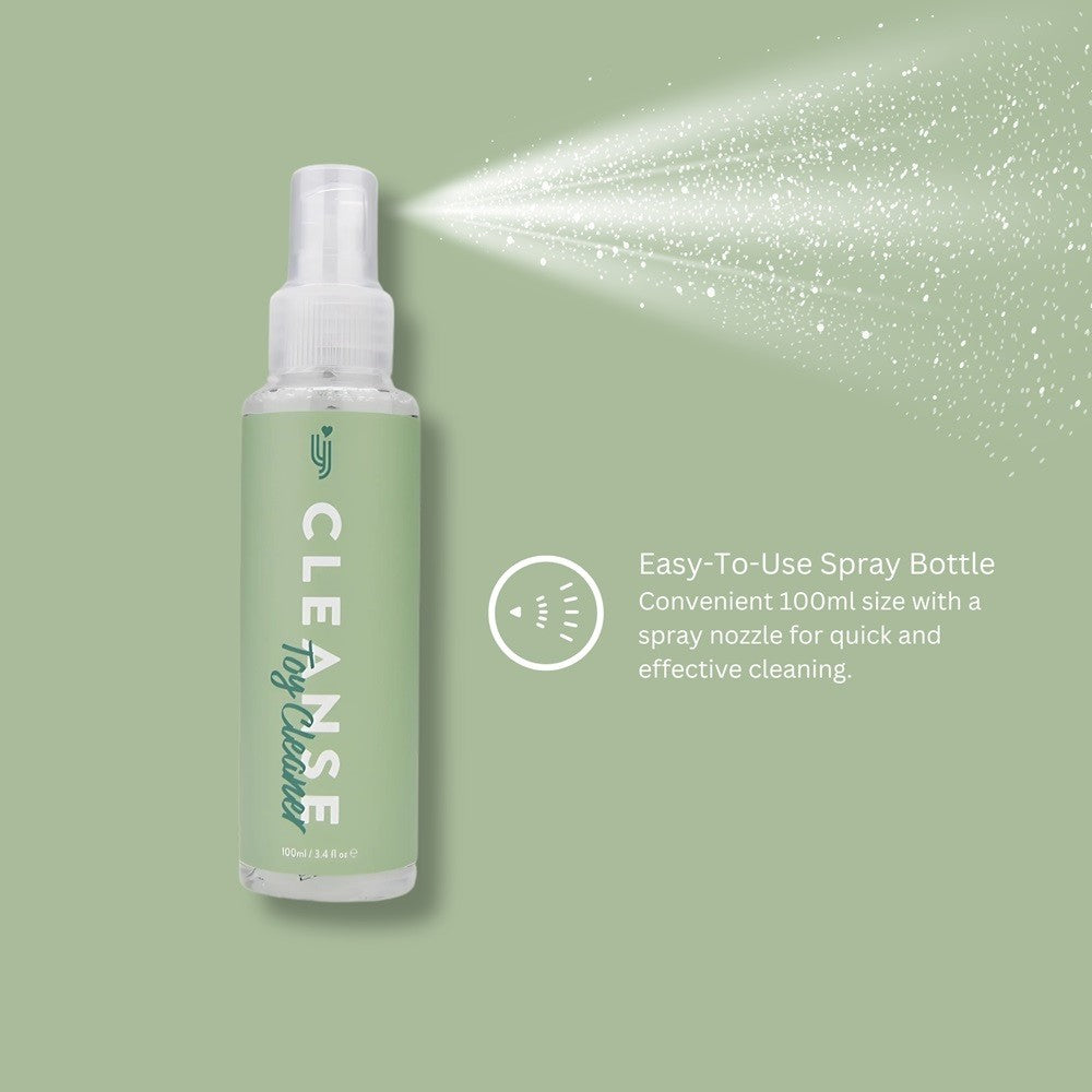 Green spray bottle labeled 'CLEANSE' with a spritz on a green background