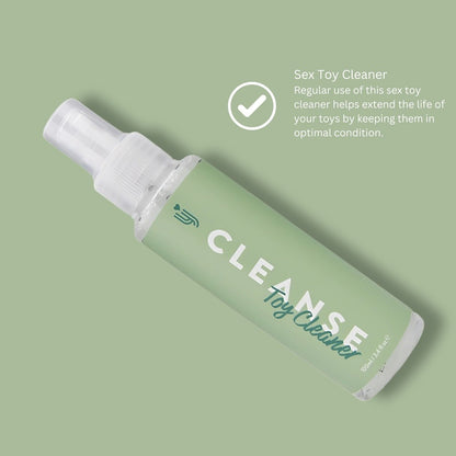 Sex toy cleaner bottle with text on a green background